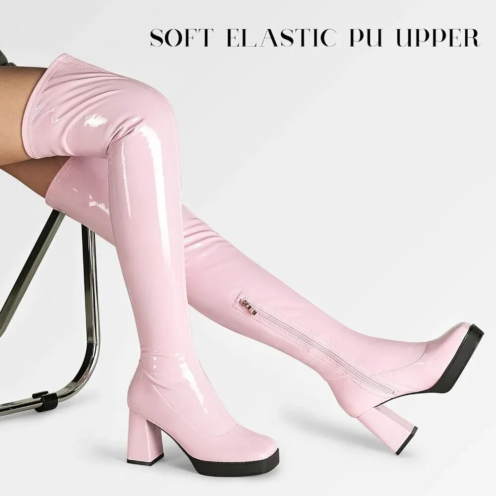 Women Pink Square Toe Chunky Heels Patent Leather PU Over The Knee High Boots